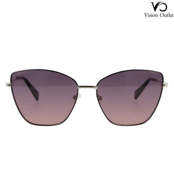 Furla SFU738 0583 women's sunglasses with a black and silver metal frame, featuring violet geometric lenses and a continuously tinted finish.