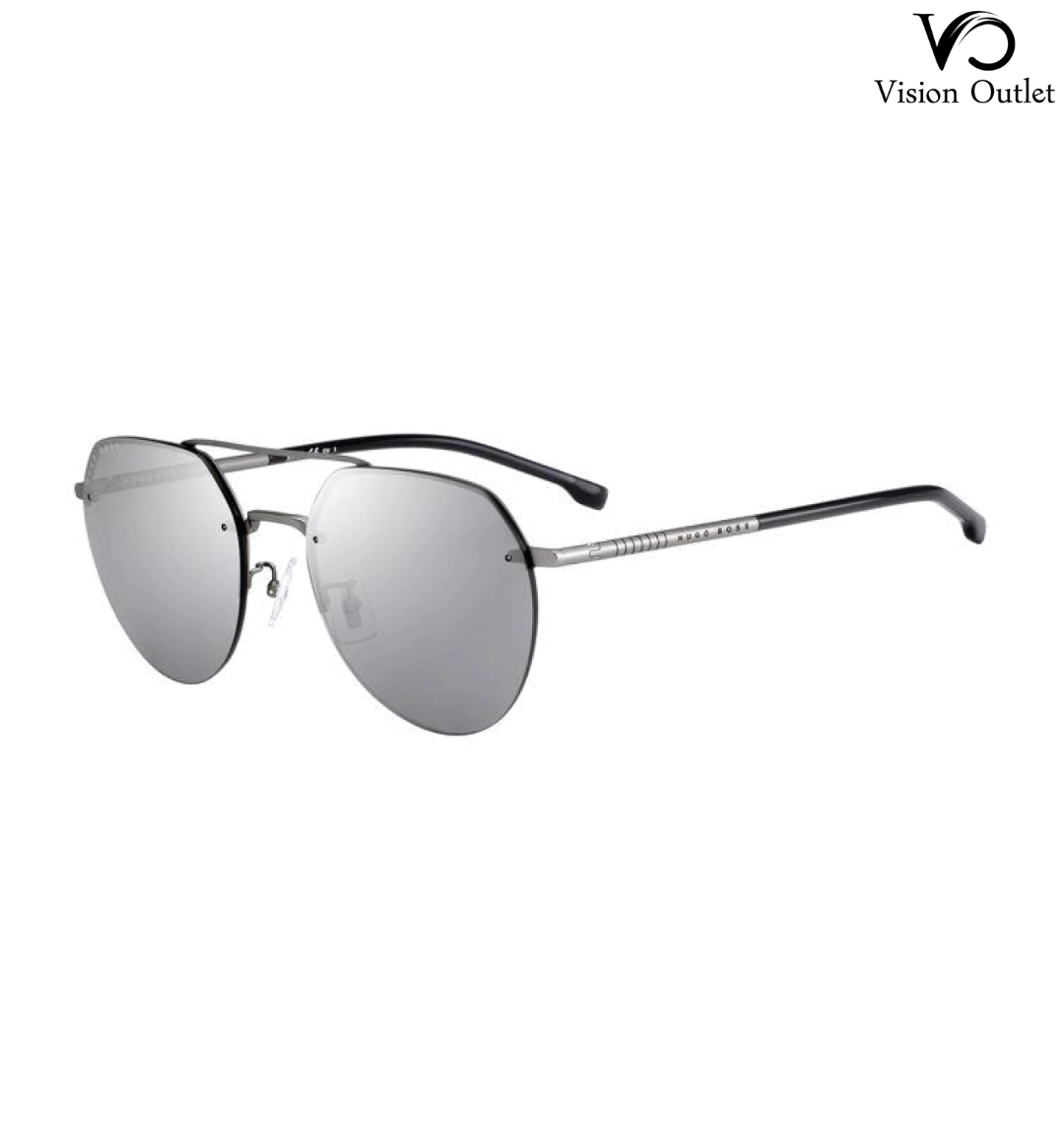 Hugo Boss 1142/F/S R81 T4 men's sunglasses with a matte ruthenium metal frame and silver mirror round-oval lenses.