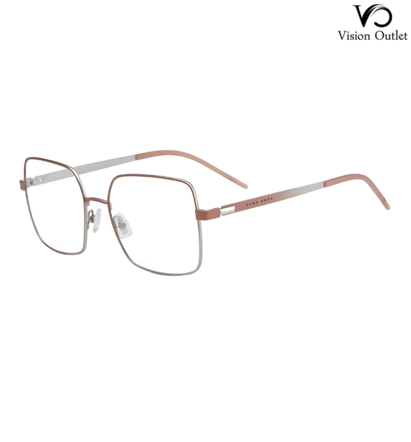 Hugo Boss 1163 8KJ unisex eyeglasses featuring a square pink and silver stainless steel frame with customizable clear lenses.