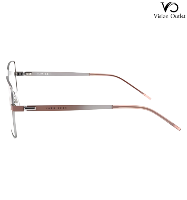 Hugo Boss 1163 8KJ unisex eyeglasses featuring a square pink and silver stainless steel frame with customizable clear lenses.