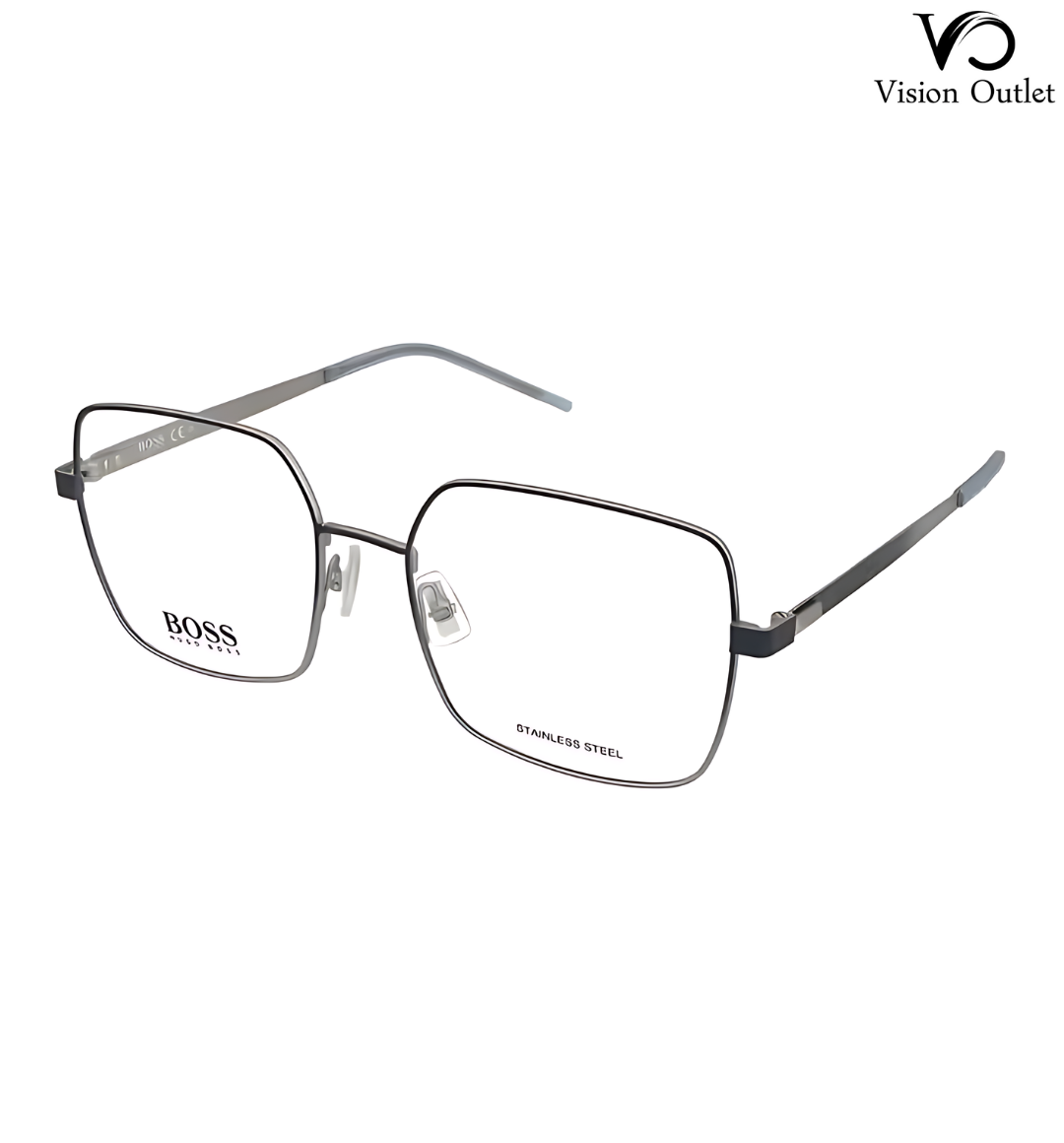 Hugo Boss 1163 0JI unisex eyeglasses with square stainless steel frames in silver and blue, featuring clear customizable lenses.