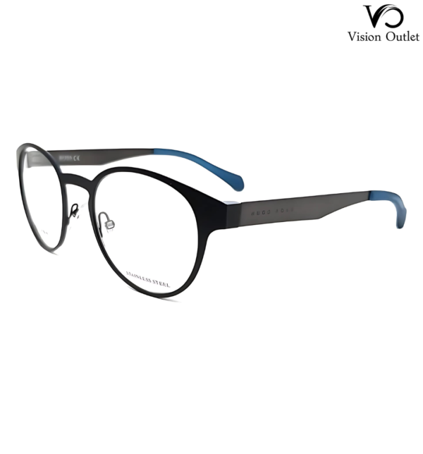 Hugo Boss 0872 0MB unisex eyeglasses with a round black metal frame, featuring clear customizable lenses.