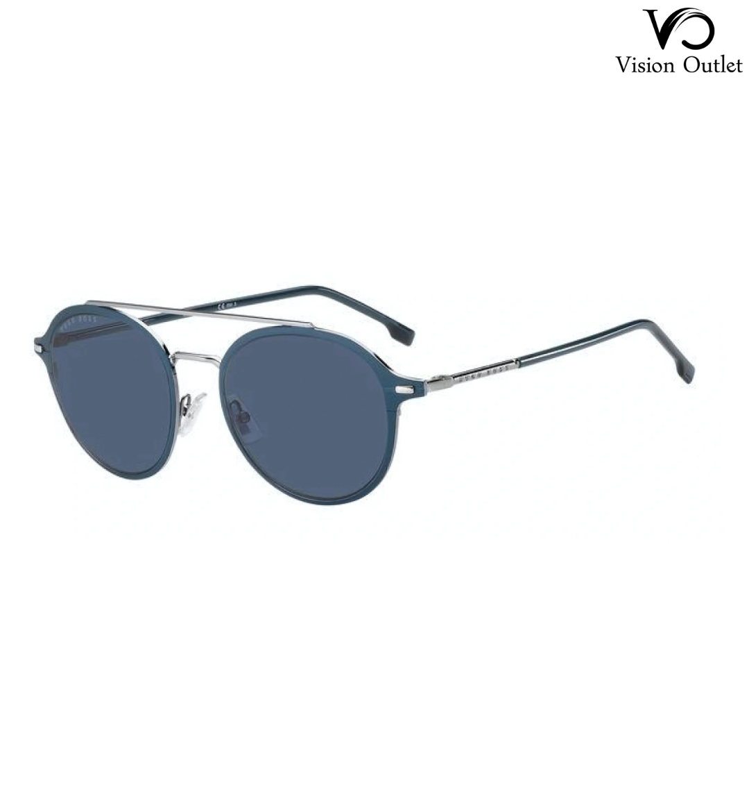 Hugo Boss 1179/S KU0KU men's sunglasses featuring a round metal frame in matte blue ruthenium with stylish blue lenses for UV protection.