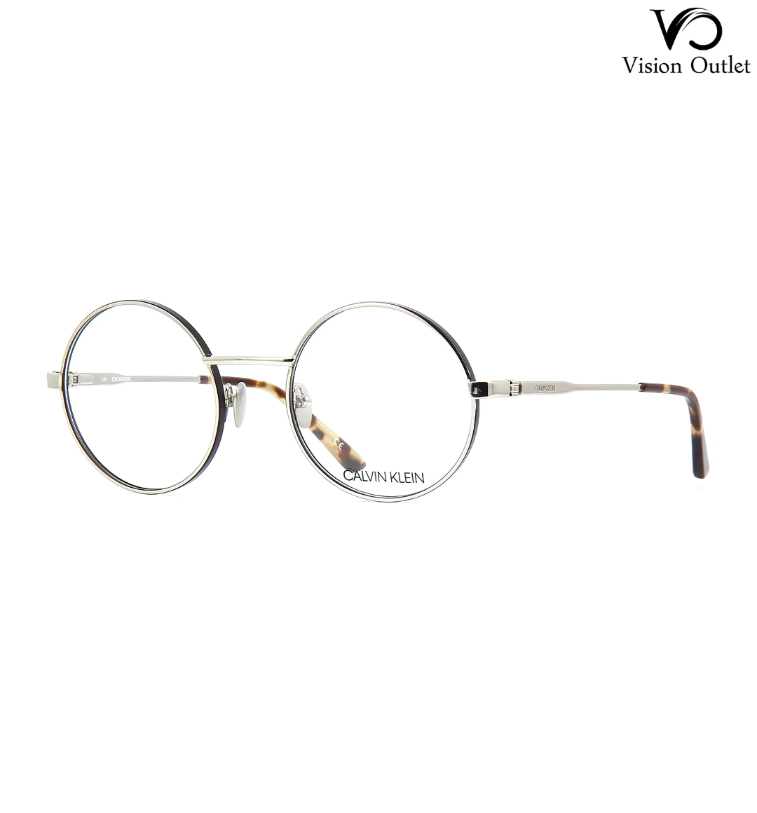 Calvin Klein CK19114 045 round eyeglasses featuring a black and silver full-rim metal frame, designed for unisex style and all-day comfort.