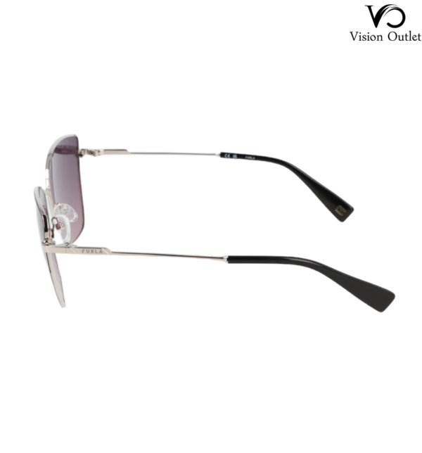 Furla SFU738 0583 women's sunglasses with a black and silver metal frame, featuring violet geometric lenses and a continuously tinted finish.