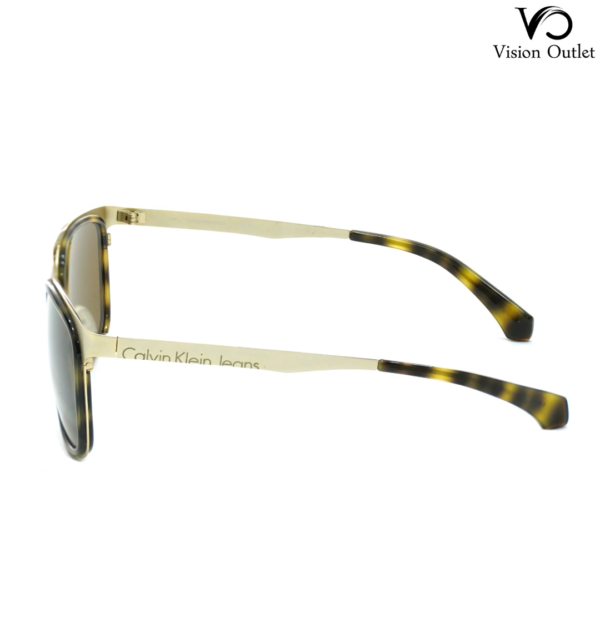 Calvin Klein Jeans CKJ136S 204 men’s sunglasses featuring a metallic gold rectangular frame with brown lenses.