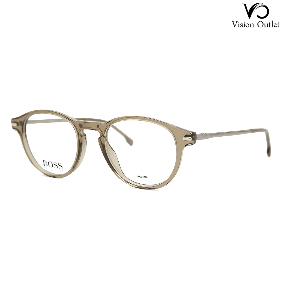 Hugo Boss 0932 09Q full-rim oval eyeglasses in transparent brown, featuring a lightweight acetate frame and a secure temple grip for comfort.