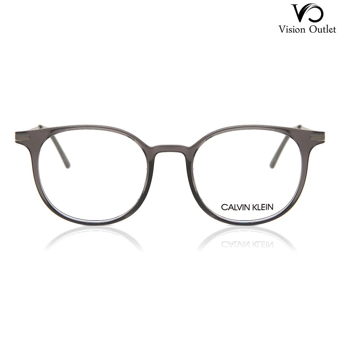 Calvin Klein CK20704 006 Round Eyeglasses – Crystal charcoal frame with metal temples, prescription-ready demo lenses, and modern unisex design.