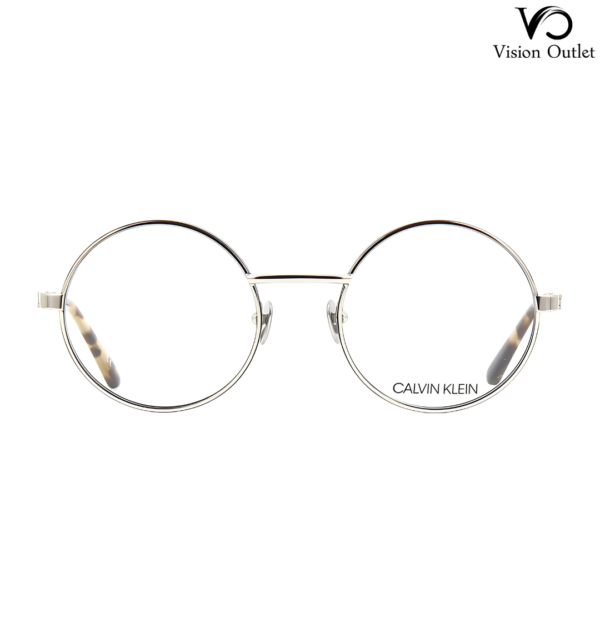 Calvin Klein CK19114 045 round eyeglasses featuring a black and silver full-rim metal frame, designed for unisex style and all-day comfort.