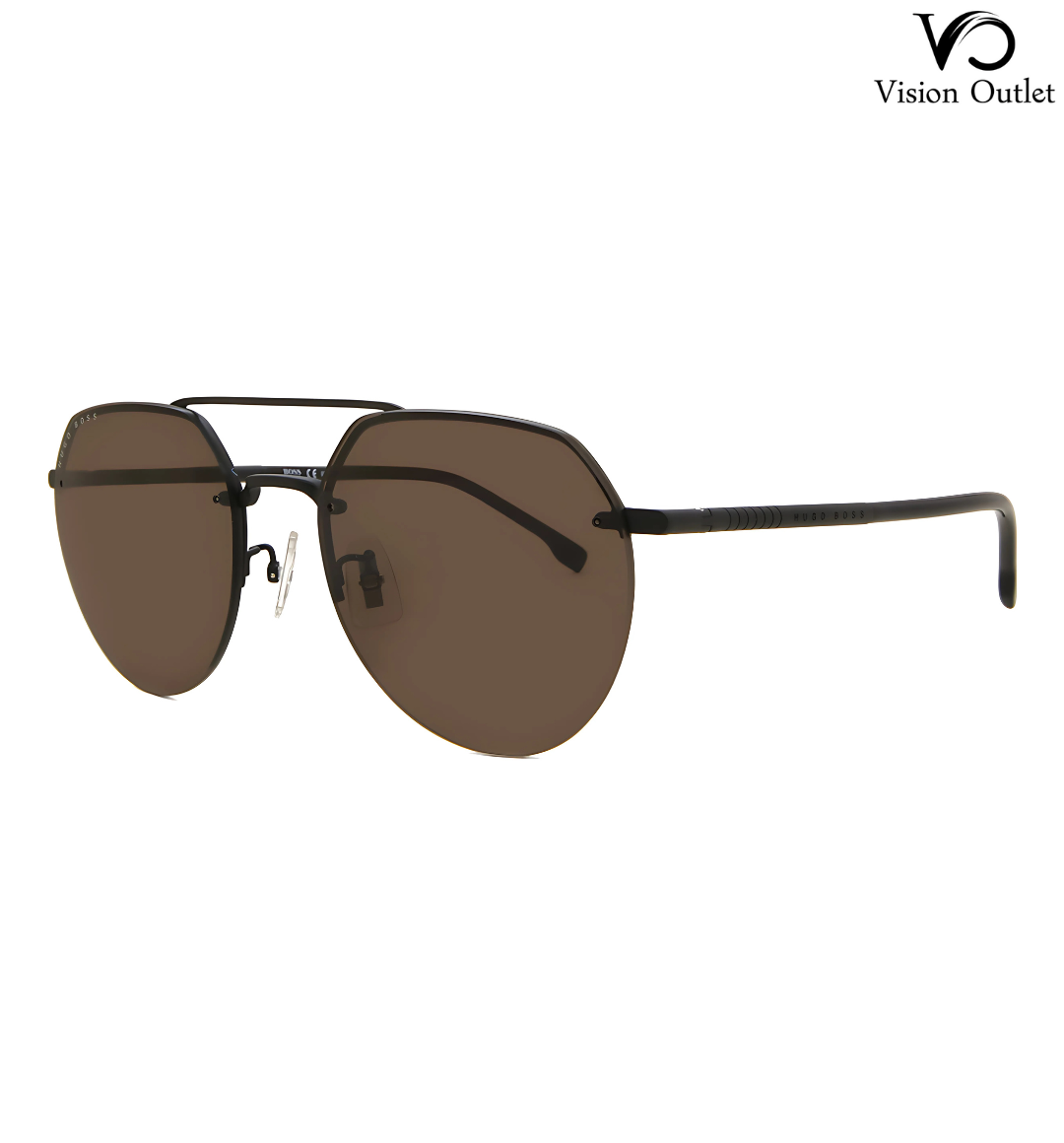 Hugo Boss 1142/F/S 003/70 men's sunglasses featuring a matte black semi-rimless pilot frame with brown nylon lenses, designed for an Asian fit with full UV protection.