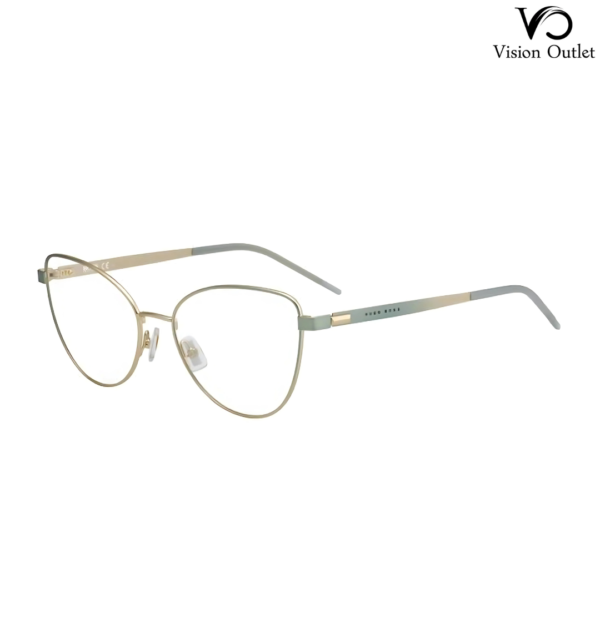 Hugo Boss 1164 821 women’s eyeglasses – full-rim square frame in matt gold green steel, featuring a lightweight design and transparent demo lenses.