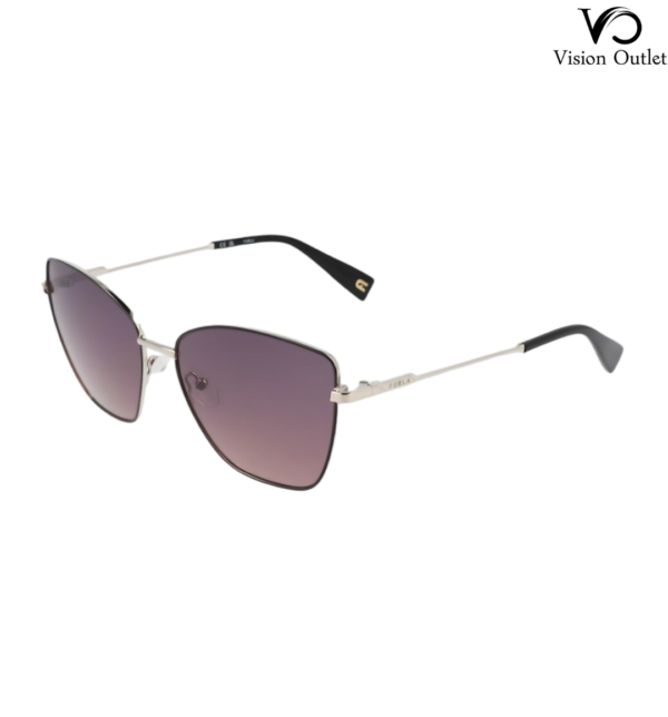 Furla SFU738 0583 women's sunglasses with a black and silver metal frame, featuring violet geometric lenses and a continuously tinted finish.