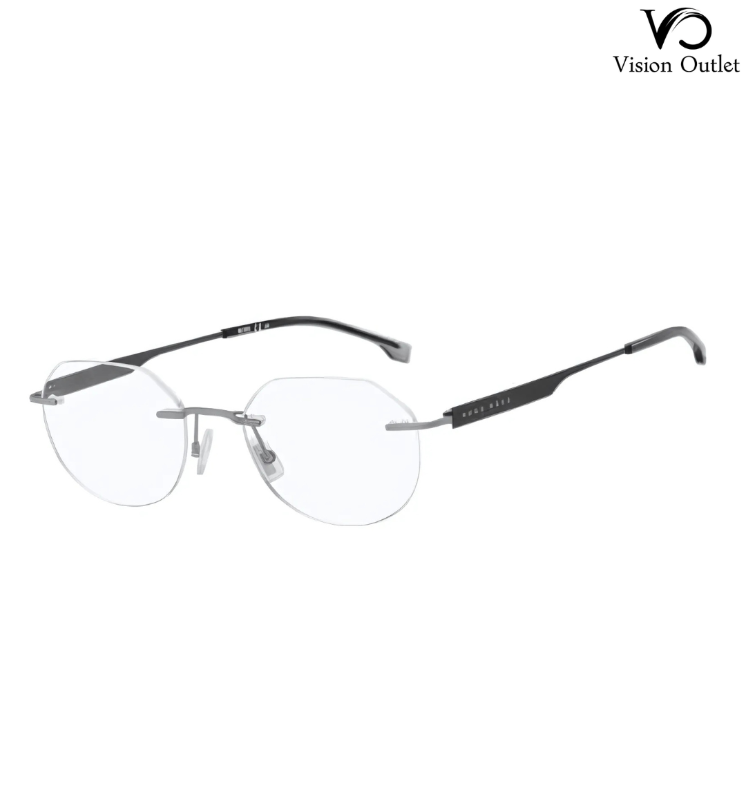 Hugo Boss 1265/D SVK rimless eyeglasses in matte ruthenium grey with an oval stainless steel frame and clear customizable lenses.