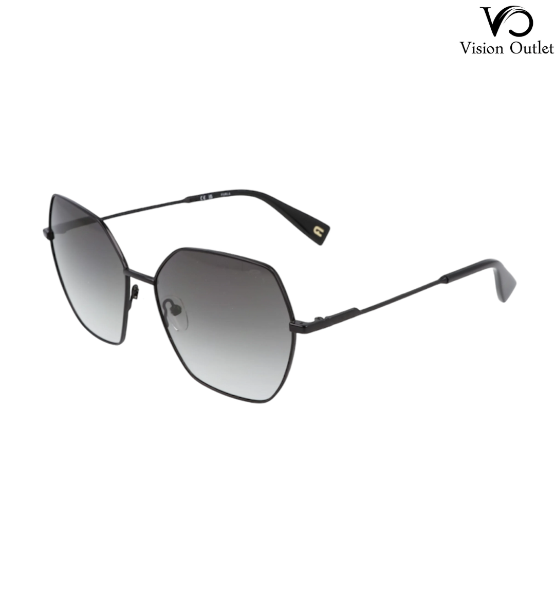 Furla SFU739 0530 women's sunglasses with a black geometric metal frame and gray gradient lenses, offering a sleek, modern design and full UV protection.