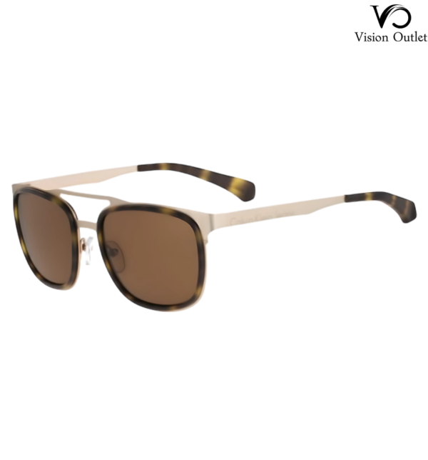 Calvin Klein Jeans CKJ136S 204 men’s sunglasses featuring a metallic gold rectangular frame with brown lenses.