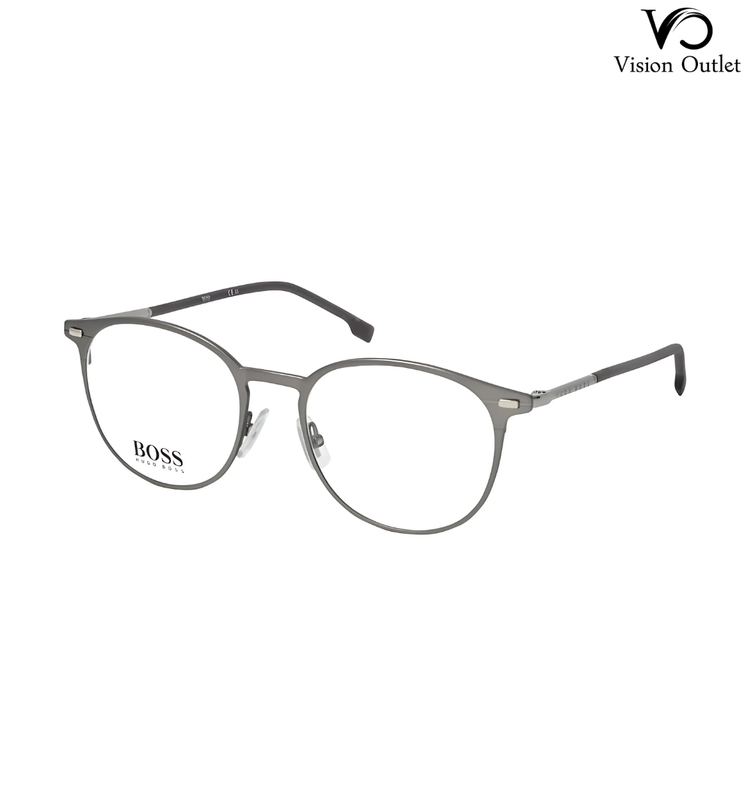 Hugo Boss 1181 R81 round eyeglasses with a full-rim grey and silver metal frame, featuring spring hinges and multifocal lens compatibility.