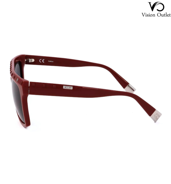 Furla SFU535 0U17 women's sunglasses with a glossy cherry red square frame and smoke lenses, designed for modern elegance and all-day UV protection.