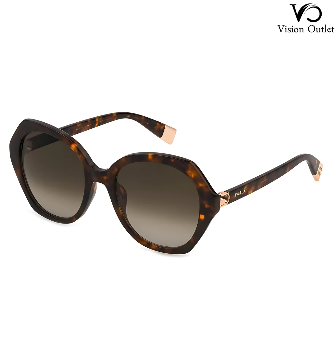 Furla SFU533 09TB women's sunglasses with a tortoiseshell black and brown glossy acetate frame, featuring brown gradient lenses for UV protection and timeless elegance.