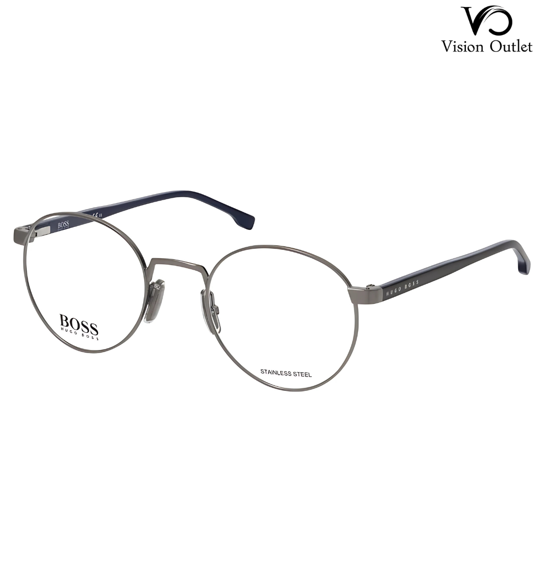 Hugo Boss 1047 KJ1 full-rim round eyeglasses in grey and blue, featuring a lightweight metal-plastic frame with a 23mm bridge and multifocal lens compatibility.