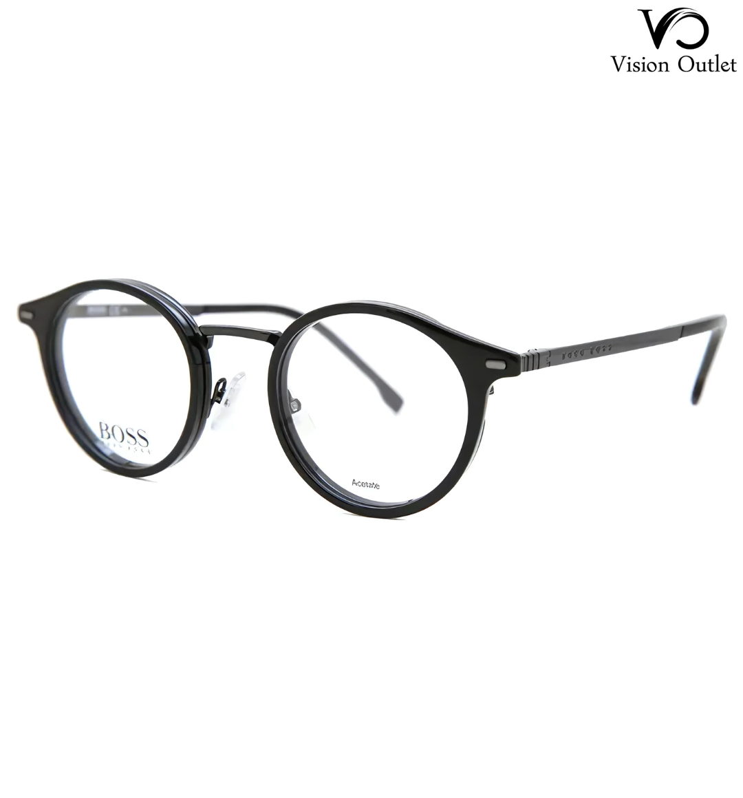 Hugo Boss 1056 807 full-rim round eyeglasses in black titanium, offering a lightweight, durable, and stylish design for men.