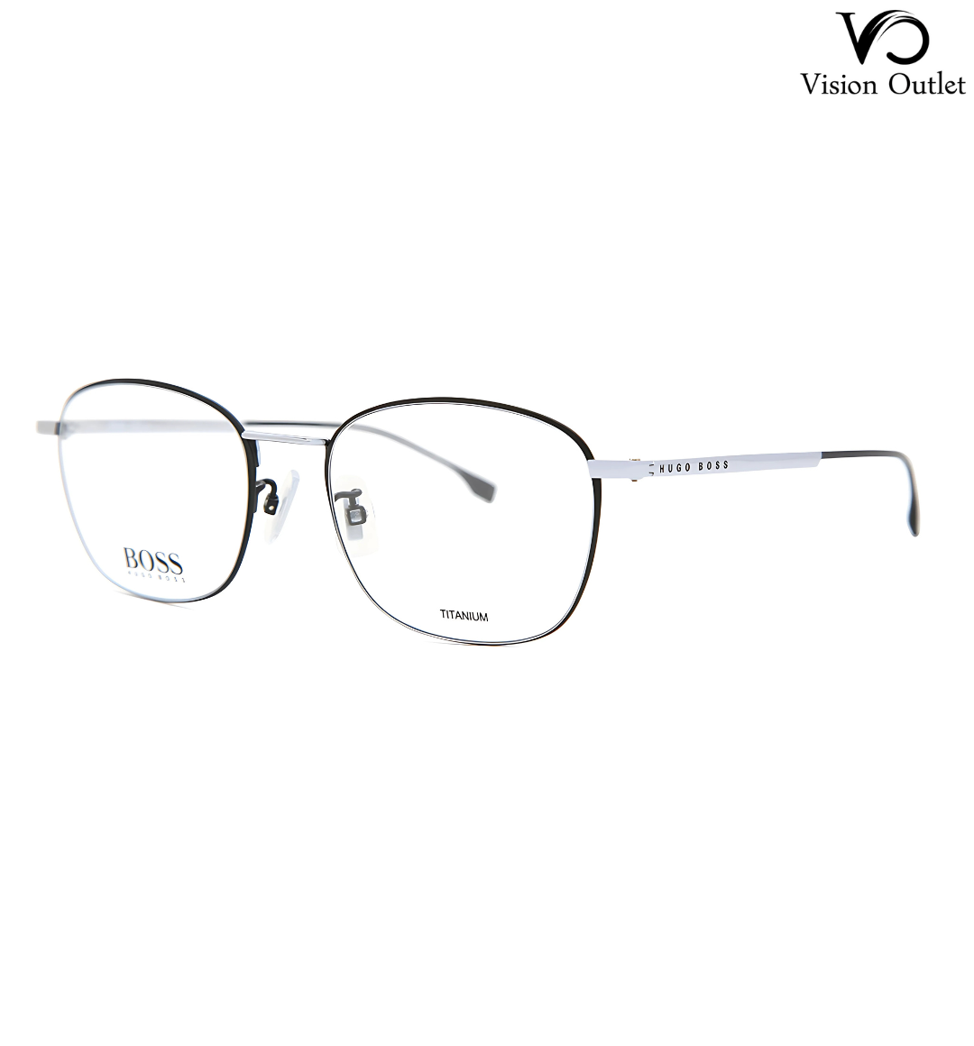 Hugo Boss 1067/F 124 men’s eyeglasses – full-rim square frame in black and silver, made from premium titanium for lightweight comfort and durability.