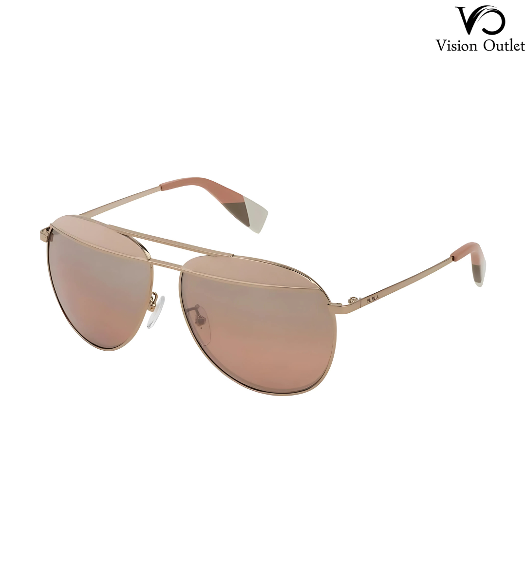 Furla SFU236 0SCG women's sunglasses featuring a shiny bronze metal frame with pink gradient silver mirror lenses and colored accents for a modern, luxurious look