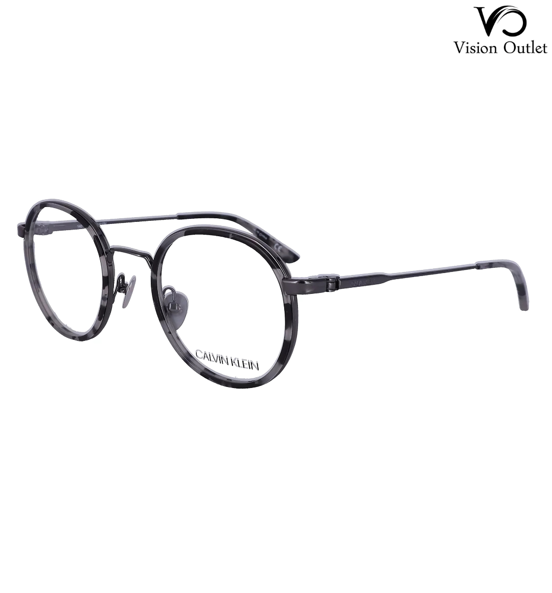 Calvin Klein CK18107 071 round eyeglasses in smoke tortoise, featuring a metal and plastic frame with a 47 mm lens width and included case.