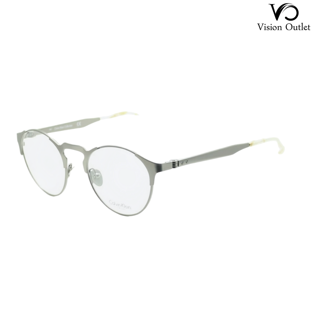 Calvin Klein CK8042 015 Round Eyeglasses – Satin gunmetal and cream horn frame with metal and acetate construction, featuring demo lenses for prescription customization