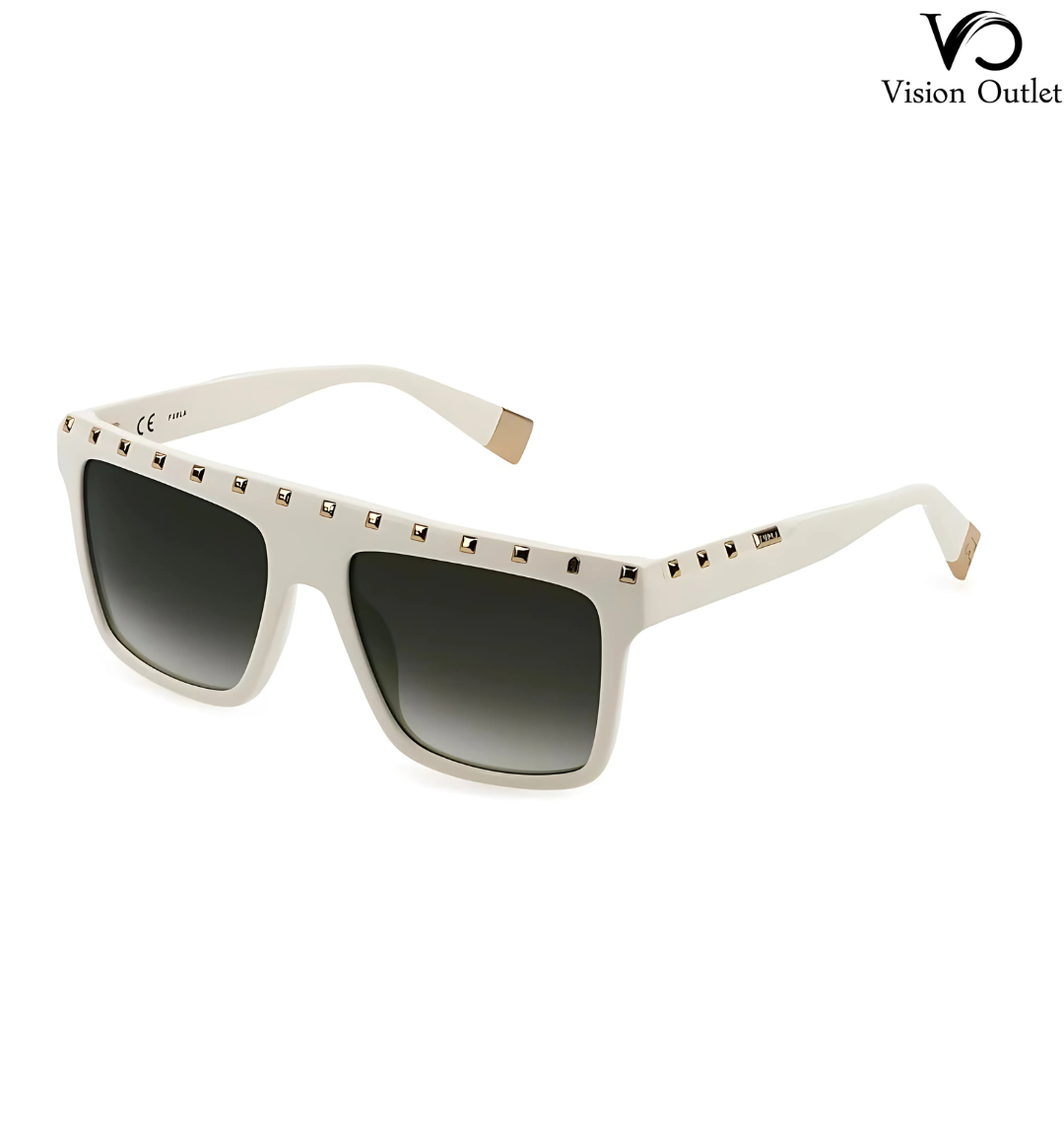 Furla SFU535 03GF women's sunglasses featuring a glossy cream acetate frame and smoke gradient lenses for a sleek, modern look with UV protection.